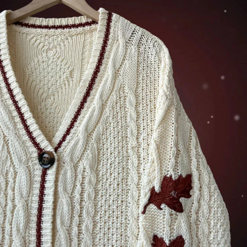 Autumn Leaves Cardigan Women Beige Knitted Cardigans with Red Maple Leaf Embroidery Folklore Girl Oversized Sweaters Tops Y2k