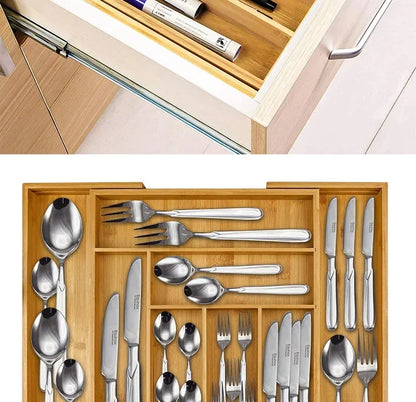 Bamboo Expandable Drawer Kitchen Organizer for Spoons Forks Knives cutleries Utensils Holder Adjustable Cutlery Tray Divider
