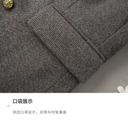 Women's Office Woolen Suit Jacket for women 2025 New Autumn Winter Chic gray Herringbone pattern Suit Female Thick Casual Coat