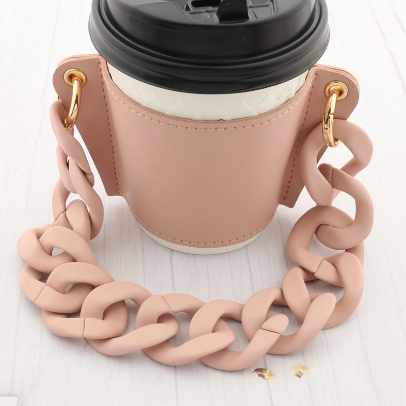 Reusable Leather Cup Coffee Sleeve with Chain Hot Coffee Iced Coffee Sleeve Leather Drink Carrier For Coffee Drinks Coffee Purse