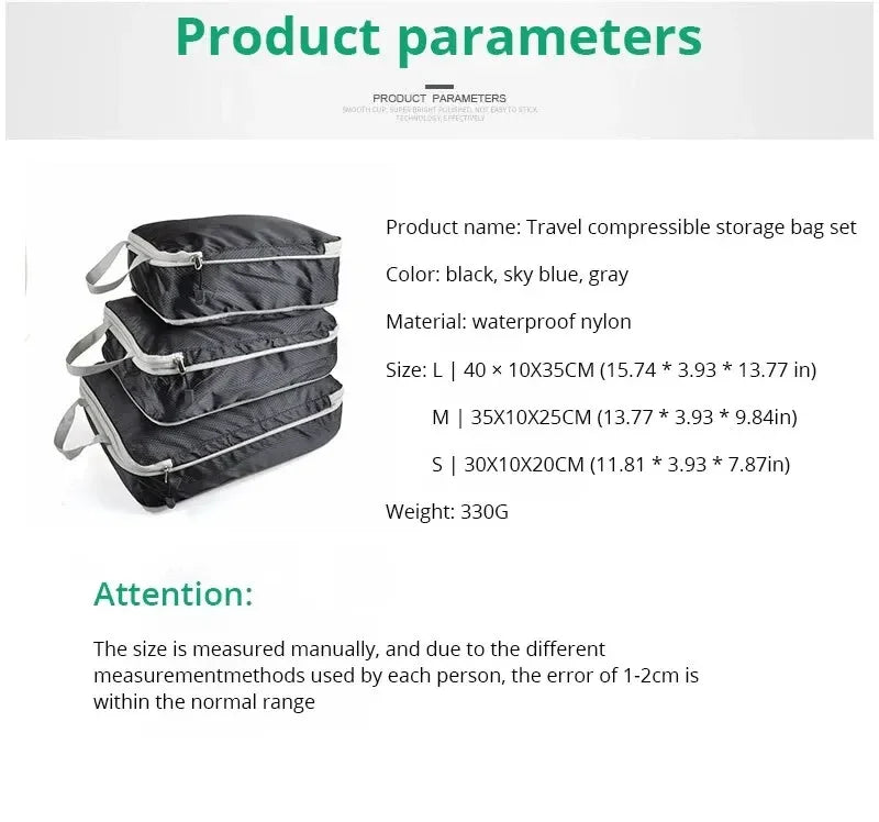 3Pcs/set Black/Blue/Grey Compressible Travel Storage Bag Portable Large Capacity Storage Bag Suitcase Luggage Packing Cubes