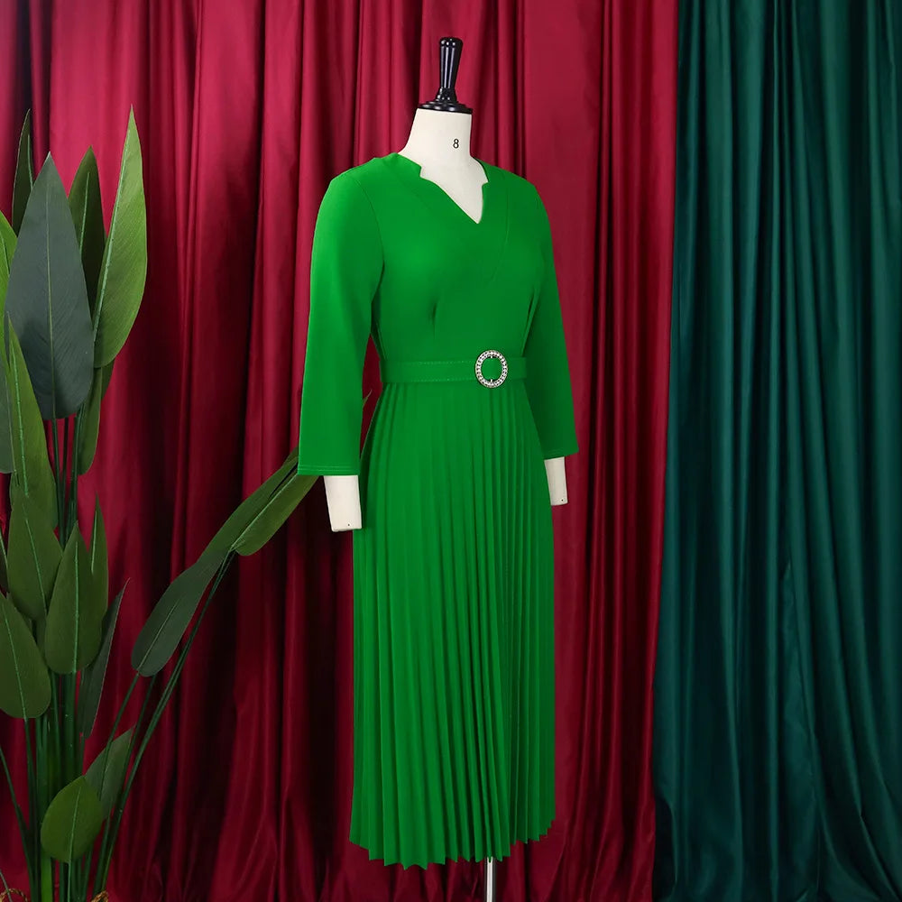 Office Dresses for Women V Neck Full Sleeve Belt Waisted Pleated Mid Calf Elegant Female Business Work Wear Dress Midi Cloth New