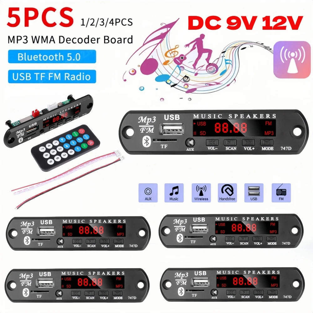 1-5PCS 9V 12V MP3 WMA Decoder Board USB AUX TF FM Radio Bluetooth 5.0 Wireless Lossless Music Player Module with Remote Control