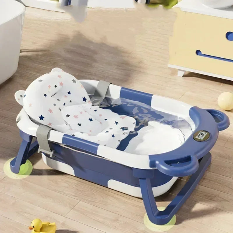 Foldable Baby Bathtub with Temperature Sensor for Newborn Toddlers Children Bathing Sit Lie Down Shower Tray Home Travel Tub