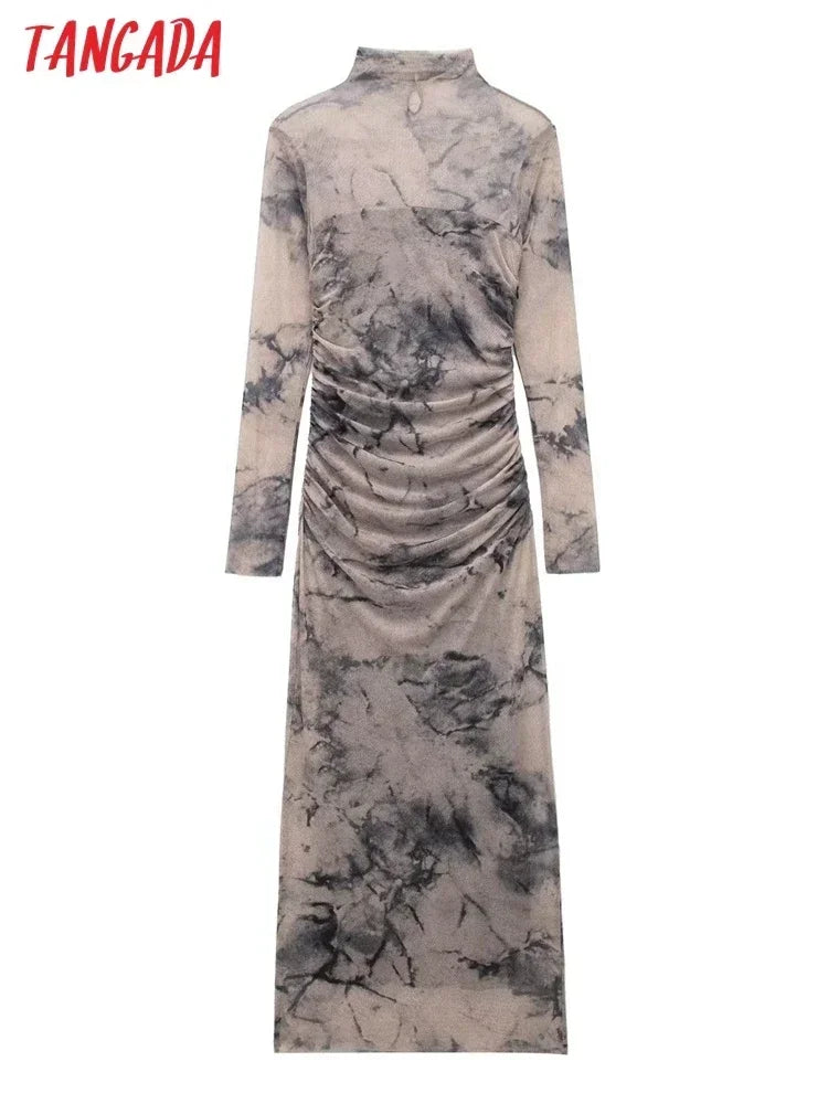 Tangada 2024 Women Print Pleated Mesh Dress Long Sleeve Sexy Famle Stand Collar Maxi Dresses 3H406