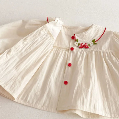 Girls Fashion Shirt 2025 New Spring Baby Korean Long Sleeve Shirt Children Spring Strawberry Peter Pan Collar Top