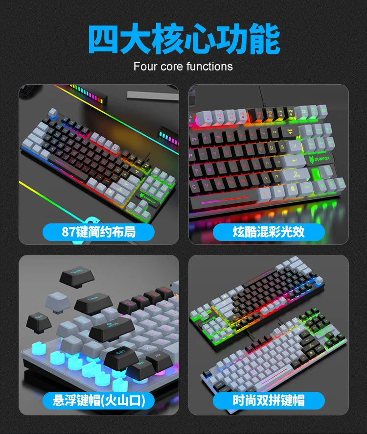 Keyboard 87 Keys 80% Layout Spanish Russian Korean Arabic Gaming Keyboard USB Wired RGB Light Float Keycap Ergonomics Design K10