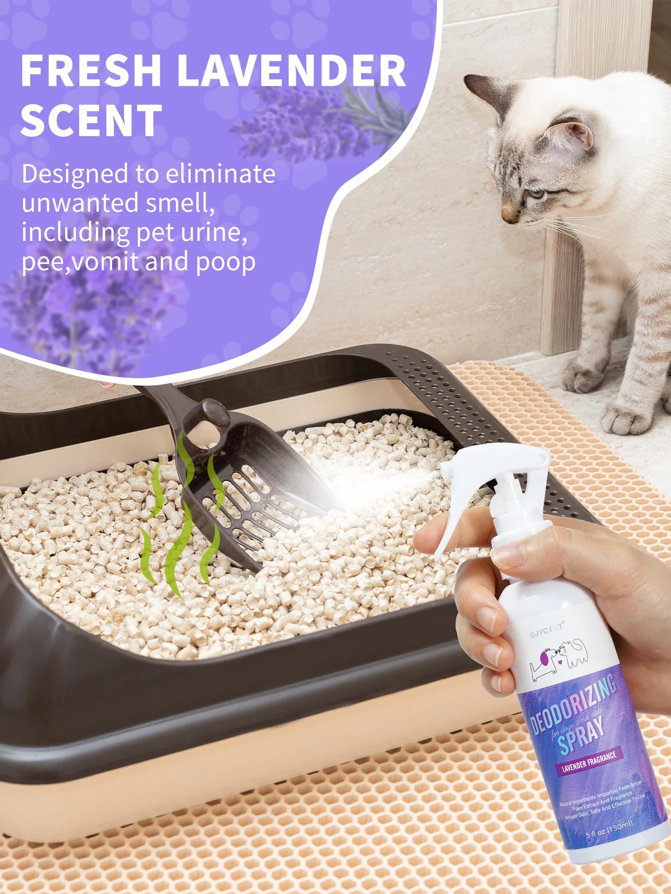 150ml Cat & Dog Odor Eliminator Spray – Lavender Plant Extract for Cat Litter & Pet Bedding – Effectively Neutralizes Urine Odor