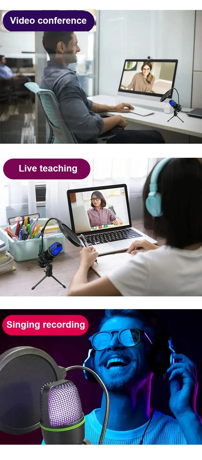 USB condenser microphone RGB desktop recording microphone suitable for PC laptops streaming media video games live streaming con