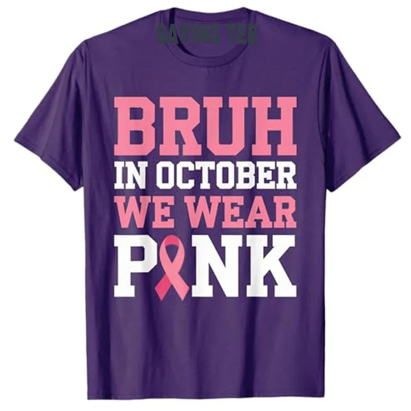 Breast Cancer Shirts for Kids Boys Bruh in October Wear Pink T-Shirt Letter Print Saying Tee Humor Funny Pink Ribbon Graphic Top