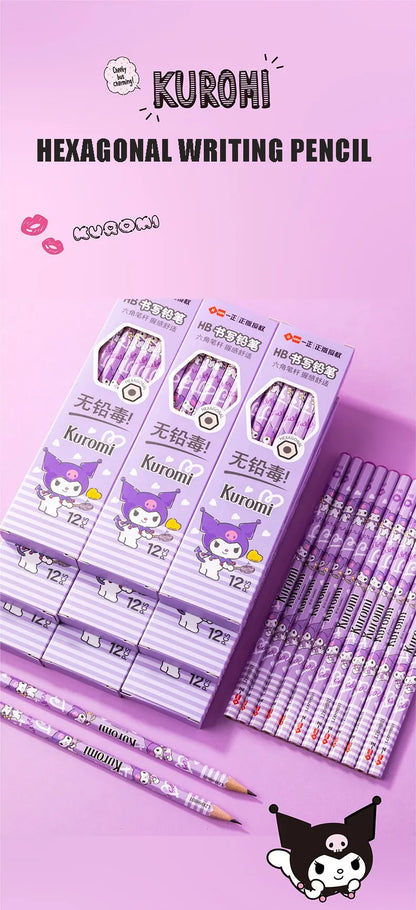 12pcs Sanrio Series Kuromi Hexagonal Writing Pencil Set Cute Student Pencil Creative Writing Pencil School Student Stationery