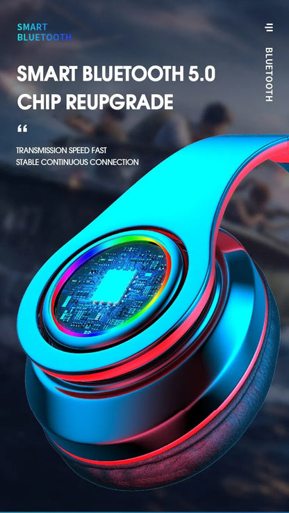 over-ear bluetooth headset wireless subwoofer headset folding card colorful luminous headset
