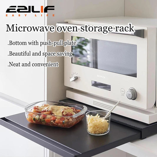 Kitchen microwave storage rack, bottom pull-out tool, drawer style basket, oven bracket, sliding partition, pot and bowl rack