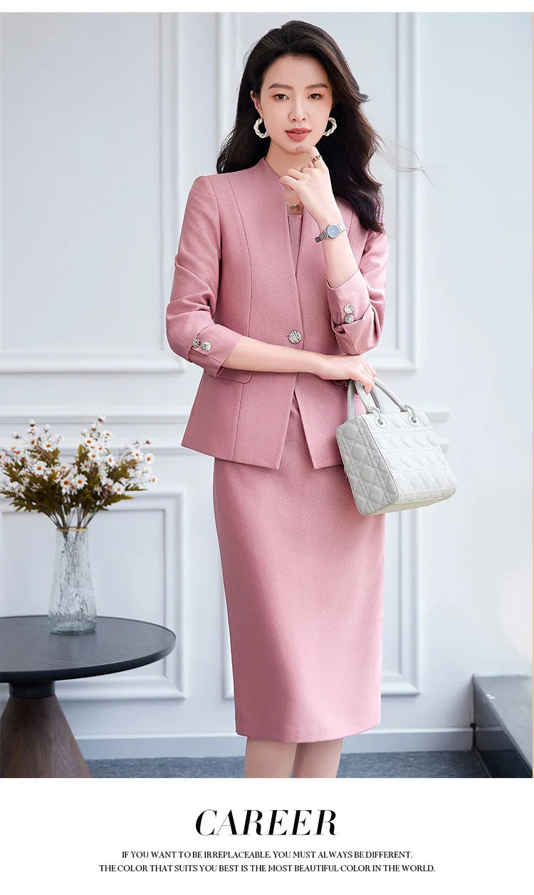 Office Suit Women Collarless Blazer + Vest Dress Set Executive Lady Workwear Elegant 2 Piece Set Long Sleeve Pink Suit Jacket