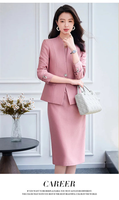 Office Suit Women Collarless Blazer + Vest Dress Set Executive Lady Workwear Elegant 2 Piece Set Long Sleeve Pink Suit Jacket