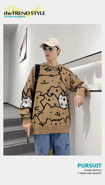 Autumn Cotton Anime Sweaters Men Retro Harajuku Vintage Oversized Sweaters Loose Cute Cartoon Cat Pullovers Homme Men Clothing
