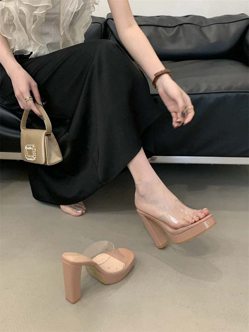 Liyke Summer Square Toe 12CM Thick High Heels Platform Slippers Ladies Chunky Sandals PVC Transparent Shoes Women Zapatos Mujer