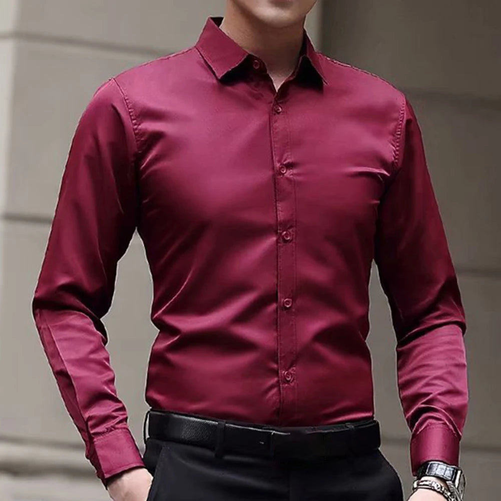 New Men\'s Long Sleeve Drill Button Shirts Tight Business Formal Social Wrinkle Lapel Casual Solid Simple Fashion Male T-shirts