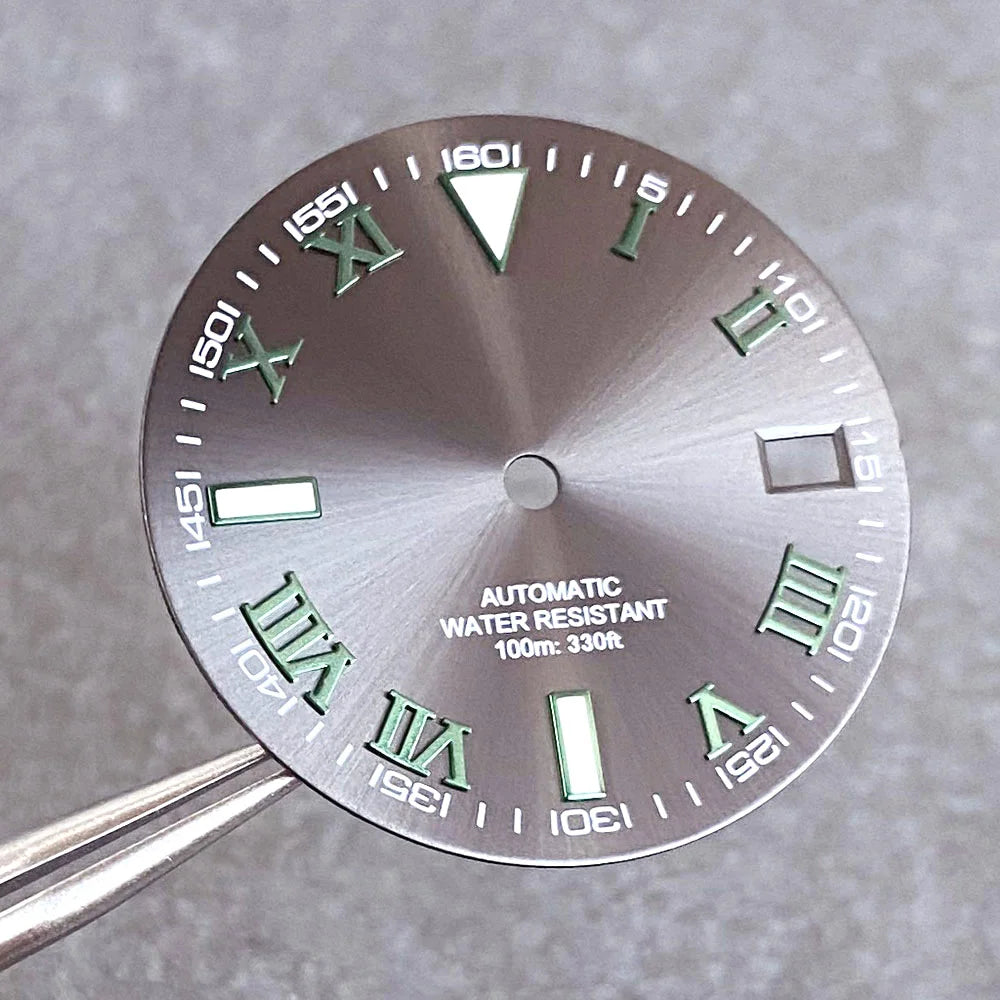 29mm Gray Sunburst Watch Dial fit NH35 NH35A NH36A Steel Green Roman Numerals Index Hand Set Watch Parts Accessories