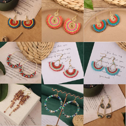 Fashion Vintage Handmade Braided Colorful Stones Earrings New Vintage Ethnic Beach Fan Bohemian Earrings