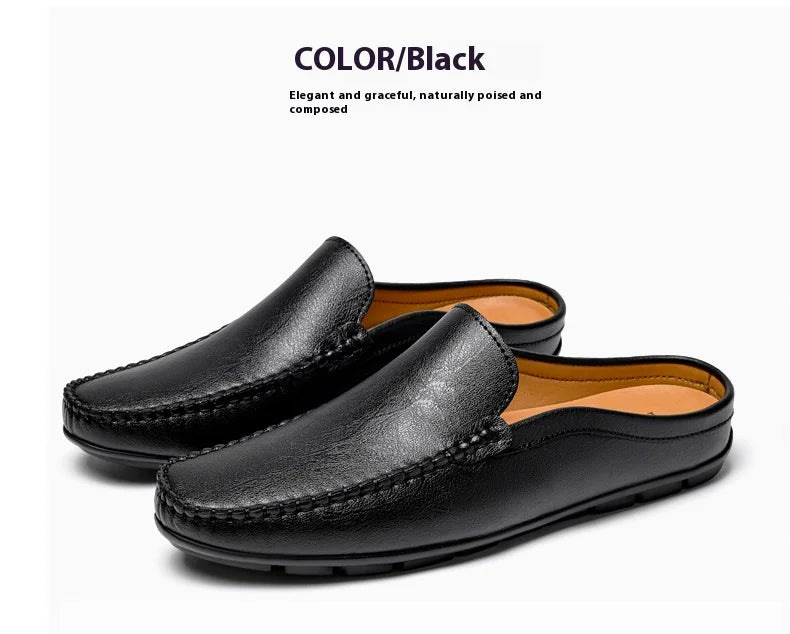 Closed Toe Half Shoes for Men Black Blue Mules Slippers Slip on Genuine Cowhide Leather Luxury Flat Sandals Man Summer 2025