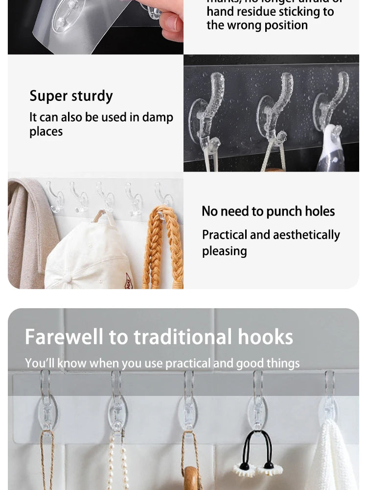 Transparent 6 Row Hooks No Trace Strong Hooks Sticky Rear Row Hooks for Hanging Towels Clothes and Coats Bathroom Accessories