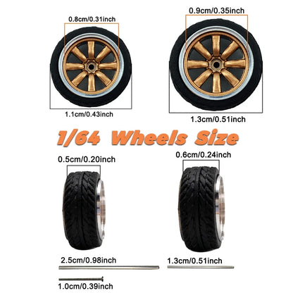 Kicarmod 1/64 Model Car ABS Wheels with Rubber Tire Metal Rims Front Small Rear Large Refitting Parts For Model Car Hot Wheels