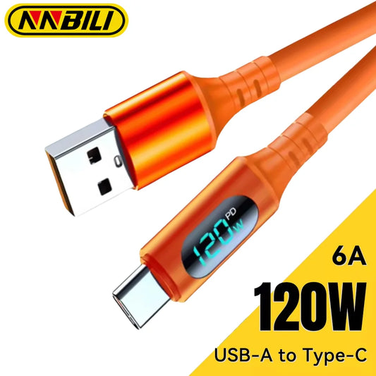 NNBILI 120W 6A Fast Charge USB Type C Quick Charge Cable For Huawei P70 Samsung OnePlus Realme Phone LED Digital Display Cables