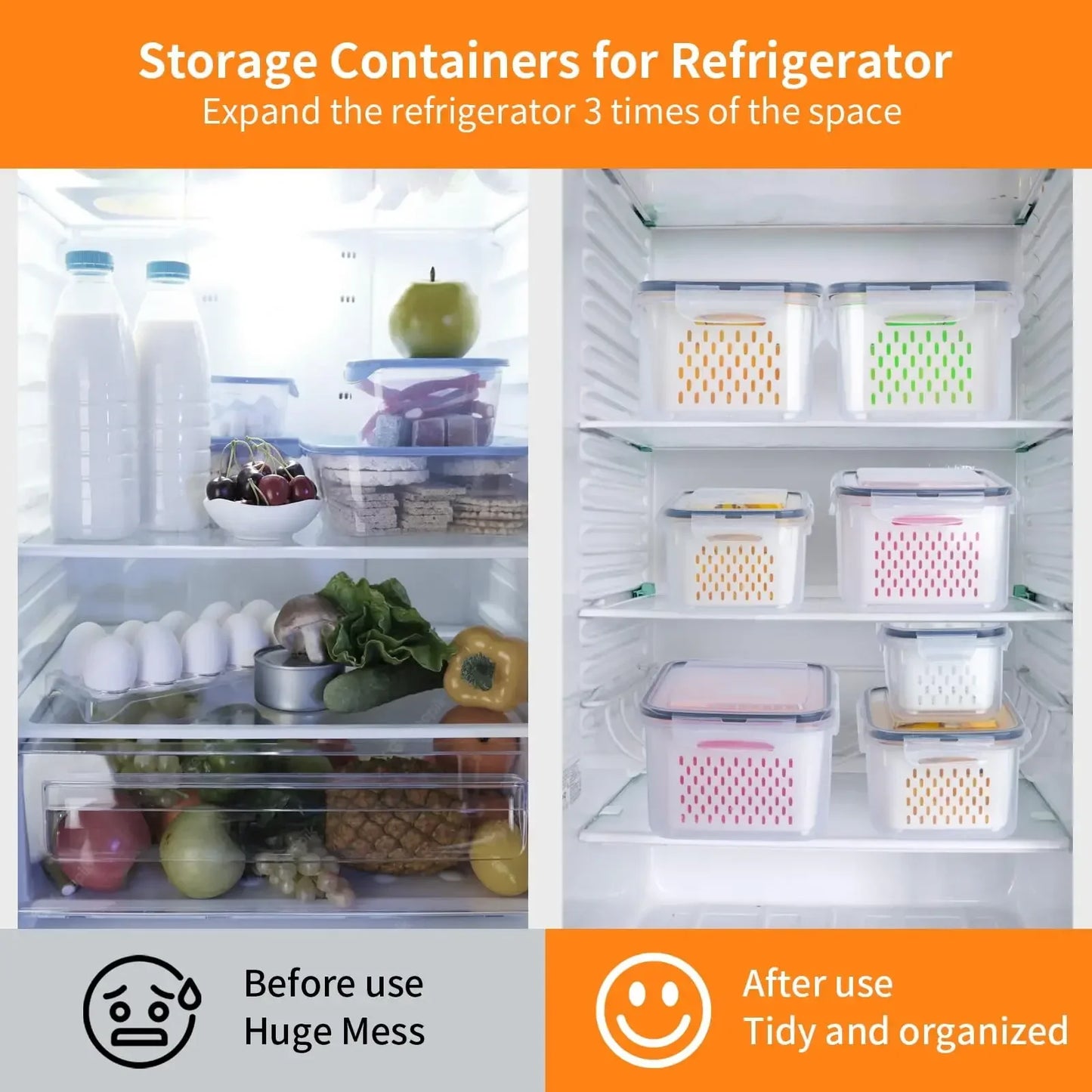 Fridge Food Storage Container Set with Lids with Strainer,Plastic Fresh Produce Saver Vegetable Fruit Meat Organizer