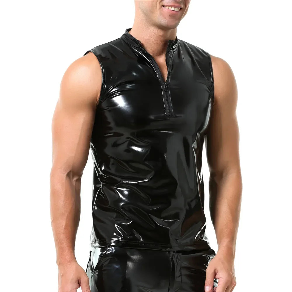 Mens Shiny Wet Look Leather Tank Top Zipper Glossy PVC Leather Sleeveless T-Shirts Shaping Wet Look Latex Leather Tanks Top Vest