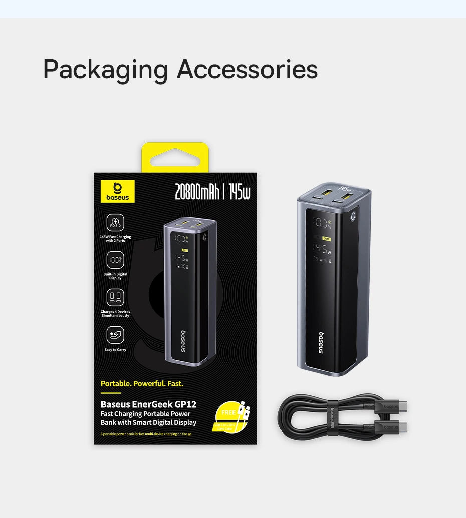 Baseus 145W Power Bank 20800mAh Dual USB A USB C PD 100W Fast Charging Digital Display Portable PowerBank for Laptop Phone Steam