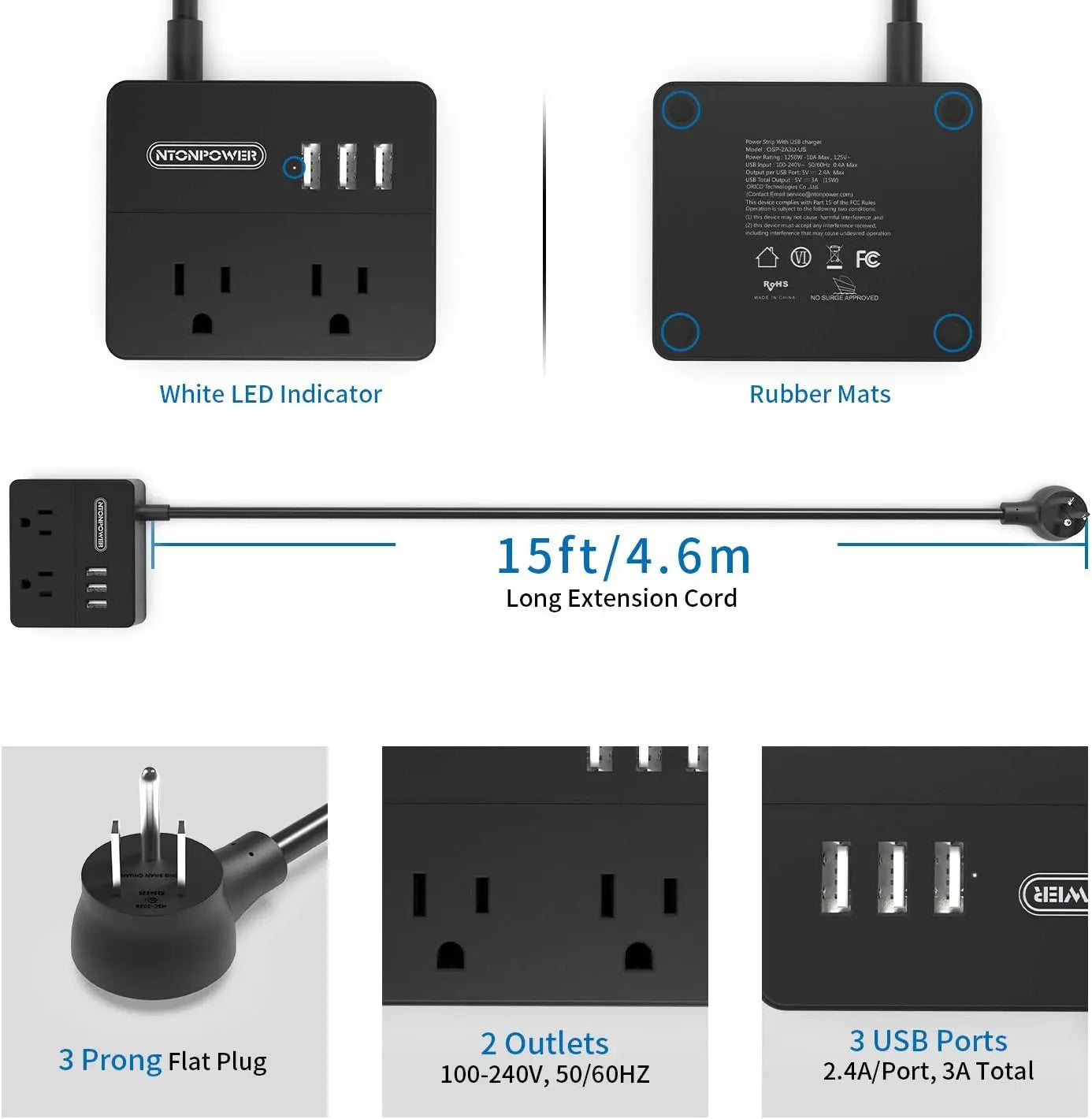 Power Strip US Plug 2 Outlets With 3USB Ports 15FT Extra-long Extension Cord（1.5/3/4.6 Meter）Smart USB Charger for Travel/Home