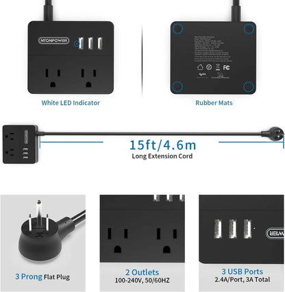 Power Strip US Plug 2 Outlets With 3USB Ports 15FT Extra-long Extension Cord（1.5/3/4.6 Meter）Smart USB Charger for Travel/Home