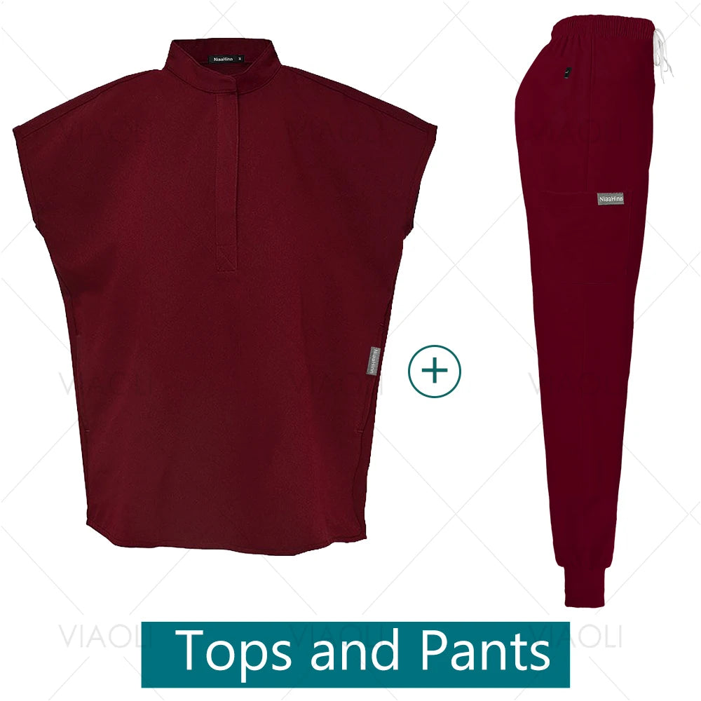 Scrubs Uniforms Sets Medical Nursing Hospital Working Clothes Solid Color Surgical Gowns Breathable Scrub Top Joggers Pants Suit