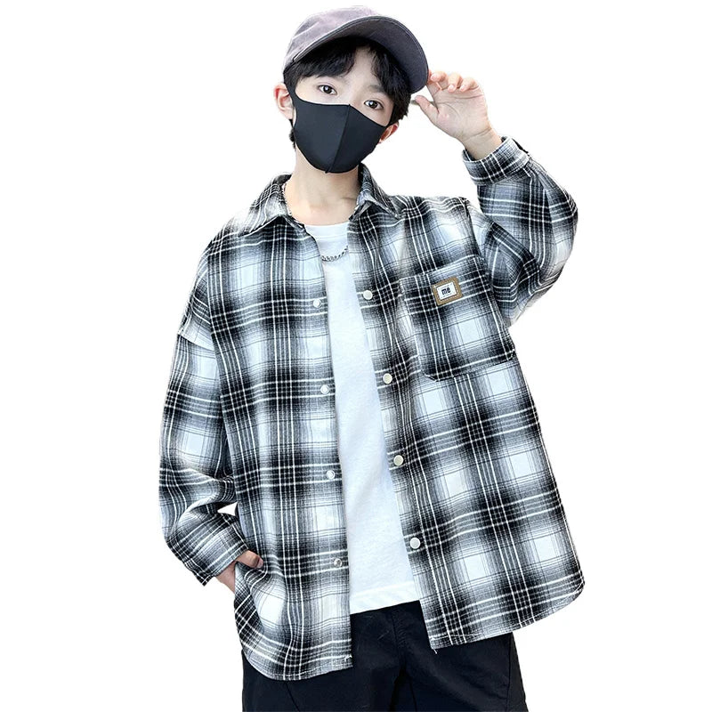 Baby Boys Shirts Fashion Classical Black White Color Plaid Blouse Gentlemen's Long Sleeve Shirt Teen Kids Tops Boys Clothes 5-14
