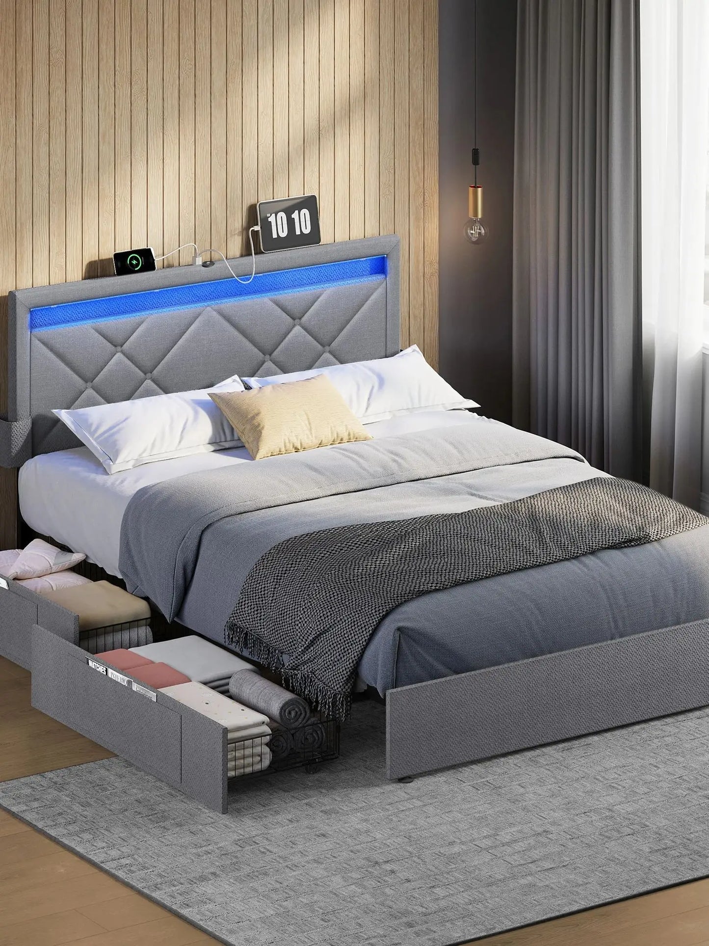 VASAGLE Upholstery bed double bed frame bed frame Metal bed (LED, 4 drawers, charging station