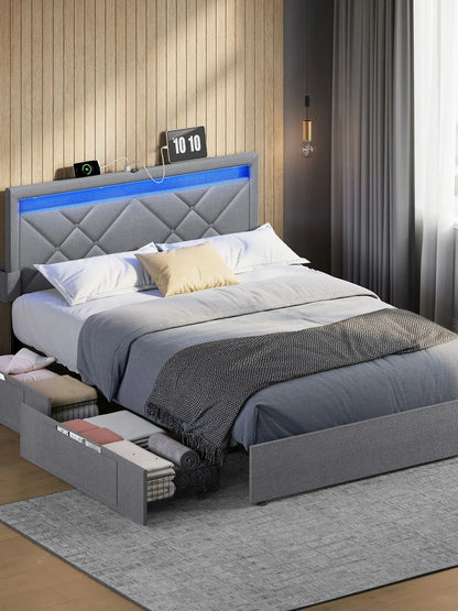 VASAGLE Upholstery bed double bed frame bed frame Metal bed (LED, 4 drawers, charging station