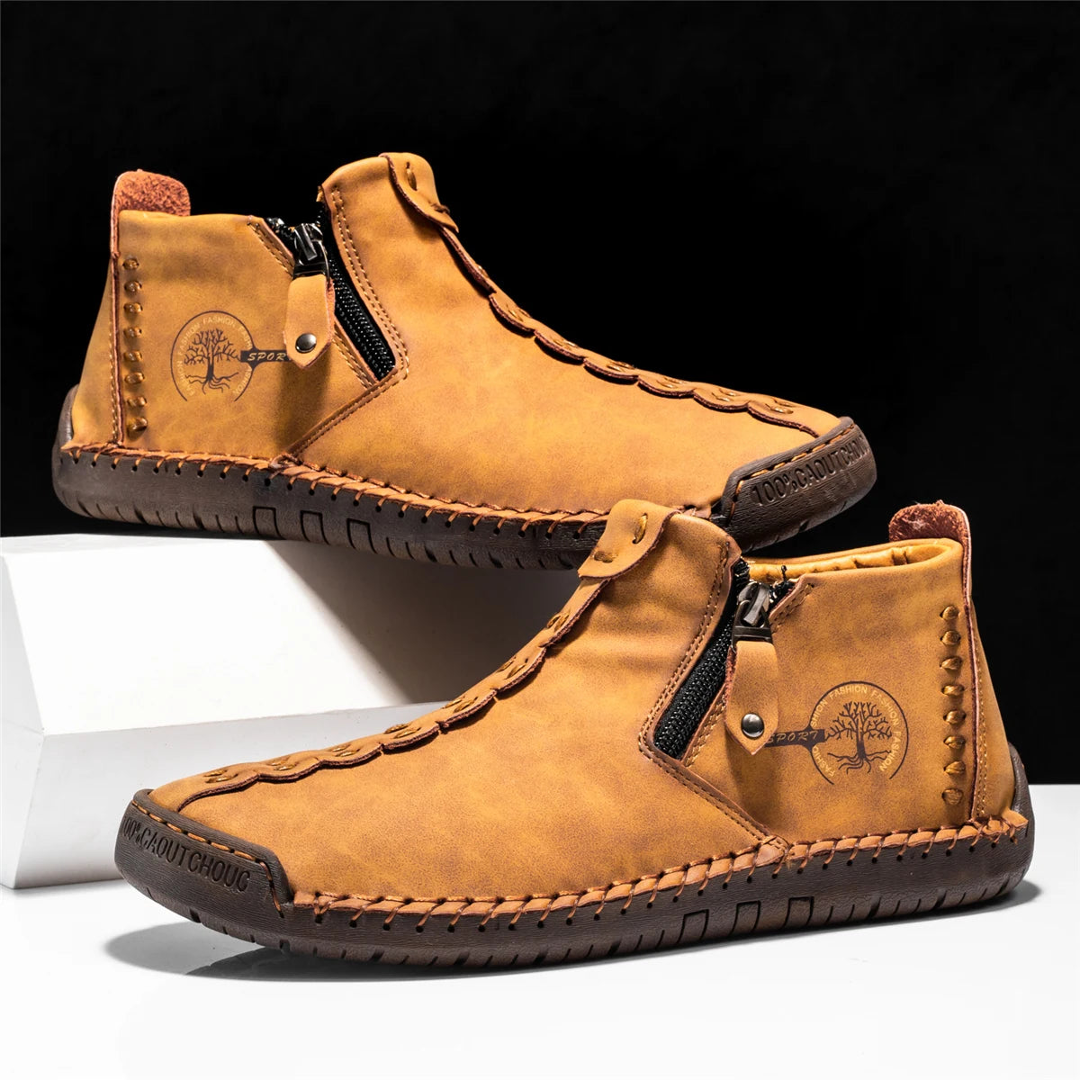 FLYLAND Men's Leather Loafers Vintage Hand Stitching Oxfords Shoes Chukka Boots Ankle Boots Daily Work Office Shoes