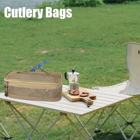 Camping Utensil Bag Road Trip Portable Cookware Pouch Large Mesh Portable Camp Utensil Bag For Picnic Barbecue Traveling