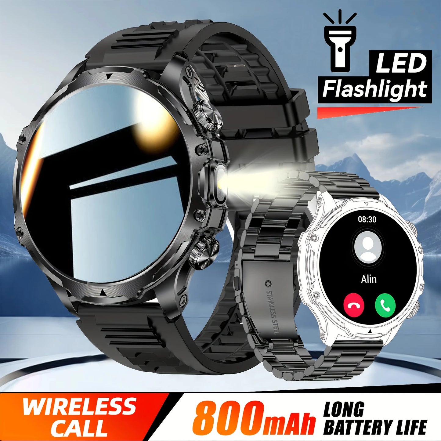 2025 Outdoor Sports Fitness Tracker Smart Watch 1.85 Inch HD Alomed 800mAh Lithium Battery Bluetooth LED Flashlight Smart Watch