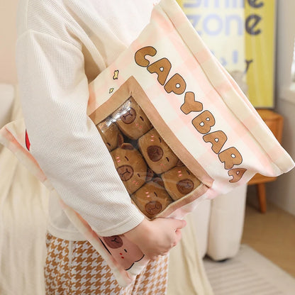 A Plushies Bag Pudding Toys Puff Balls Mini Cute Stuffed Animal Capybara Doll Removable Set Plush Pillow Snack Cushion Kids Gift