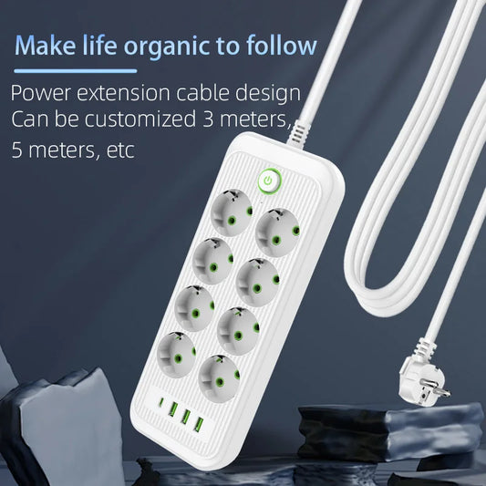 Smart Power Strip EU Plug AC Outlet Multiprise Extension Cord Electrical Socket Network Filter With 3USB Type C PD Fast Charging