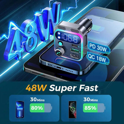 Bluetooth 5.3 FM Transmitter 4 Port USB Car Charger Type C PD 250W Fast Charging Adapter For Huawei OPPO Oneplus 14