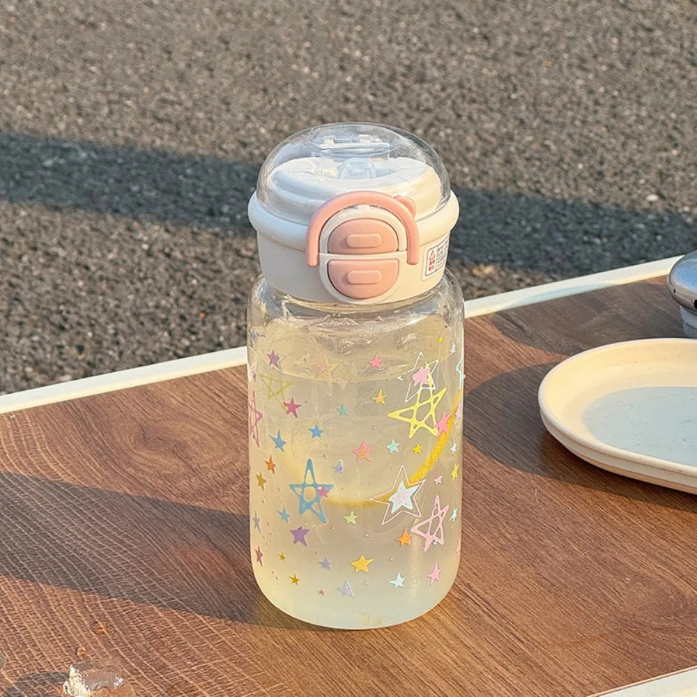 500ml Transparent Plastic Cup Straw Cup Lifting Rope Graffiti Water Bottles Fall Prevention Portable Drinking Water Bottle