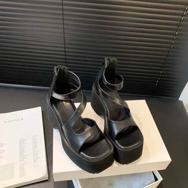 Black Gladiator Sandals Woman Platform High Heels Summer Back Zipper Shoes Punk Chunky Sandals Female Samdalias De Plataforma
