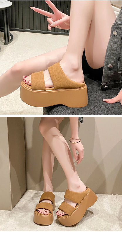 Summer 2023 Chunky Sandals Women's Thick Bottom Wedge Heels Slides 8CM High Heels Platform Leather Casual Beach Flip Flops Woman