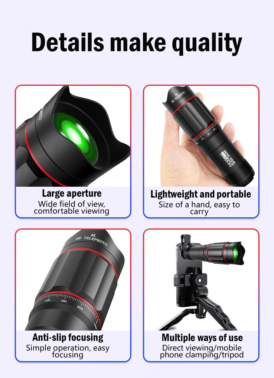 25X Phone Telephoto Lens Kit Phone Holder Portable Tripod Stabilizer Highpower Zoom Concerts Contest Outdoor Observation Animal