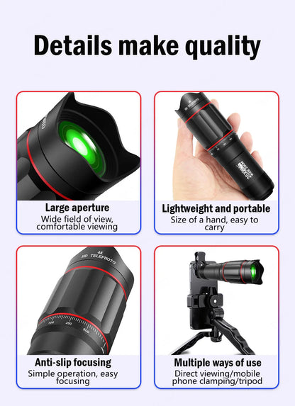 25X Phone Telephoto Lens Kit Phone Holder Portable Tripod Stabilizer Highpower Zoom Concerts Contest Outdoor Observation Animal