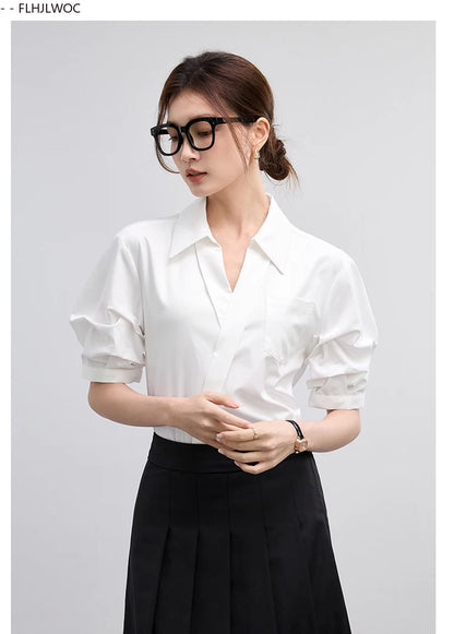 Office Lady Basics Fashion White Shirts New Women Summer Work Solid V Neck Tops Blouses French Design Interview Shirt Cotton