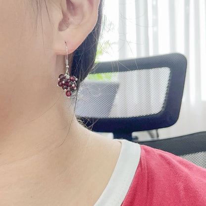 Cute Cluster Natrual Garnet Beads Dark Red Grape 925 Sterling Silver Hook Drop Dangle Earrings For Women Girls Jewelry Handmade